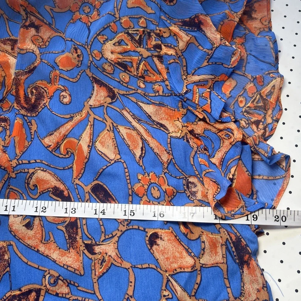 A.L.C. 100% Silk Ruffle Sleeve Blouse Size 2 Blue Orange Abstract Print Top - Picture 8 of 8